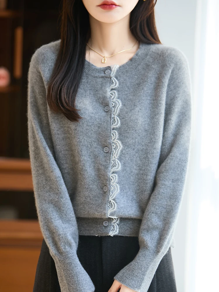 

Pure Wool Women O-neck Cardigan Office Lady Knitting Sweater Spring Autumn Winter Long Sleeve 100% Merino Wool Knitwear Tops