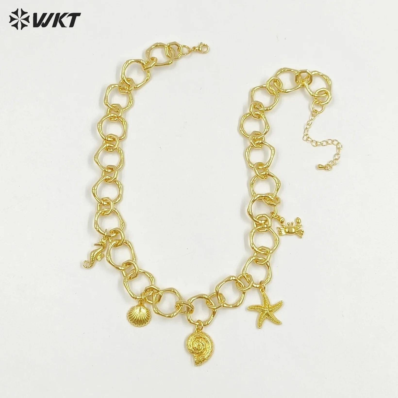 WT-JFN45 Lovely Seahorse&Starfish Crabs Tiny Charms Pentagon Circle Yellow Brass Chain Necklace Fine Smooth Accessory