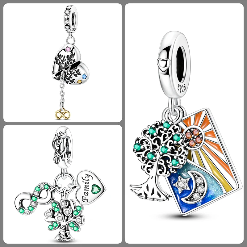3-teiliges 925 Sterling Silber Lebensbaum-Charm-Set Familienbaum Herz Mond Sonne Schmetterling DIY Original Armband Halskette für Frauen – Detail 14