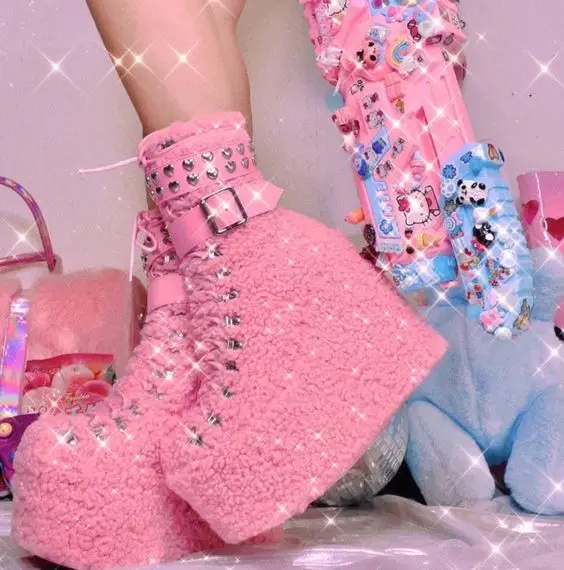 Studed Pink Wedges Platform Cross Strap Booties Women Round Toe Buckle Rivet Sweetheart Shoes Gril Cute High Heel Platform Shoes