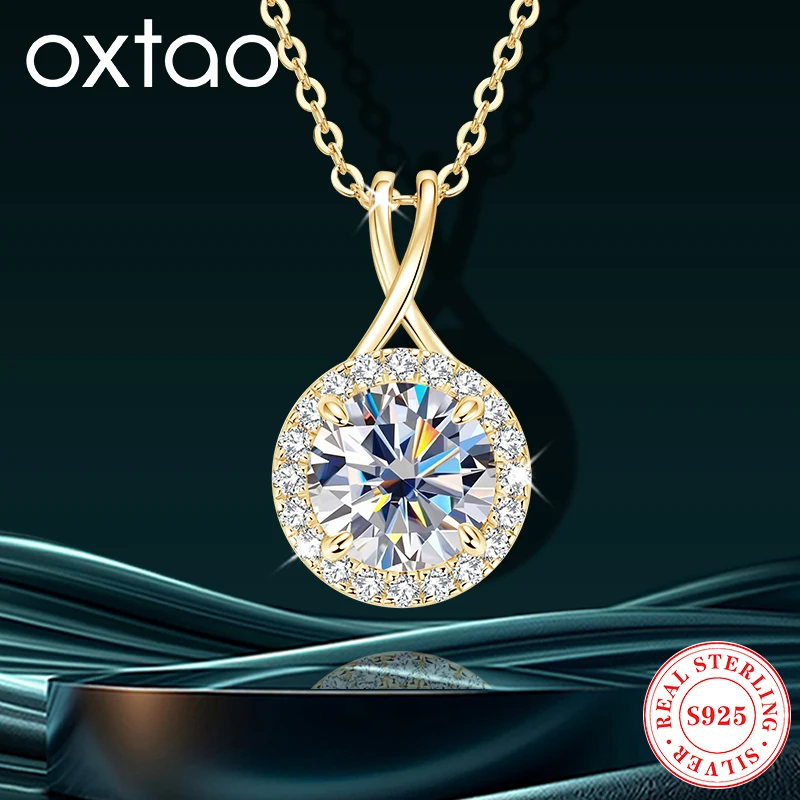 

OXTAO ожерелье из муассанита круглой огранки 2 карата D VVS1 стерлингового серебра 925 пробы, цепочка на ключицу, классическое ожерелье с подвеской в виде ореола, ювелирные изделия для девочек