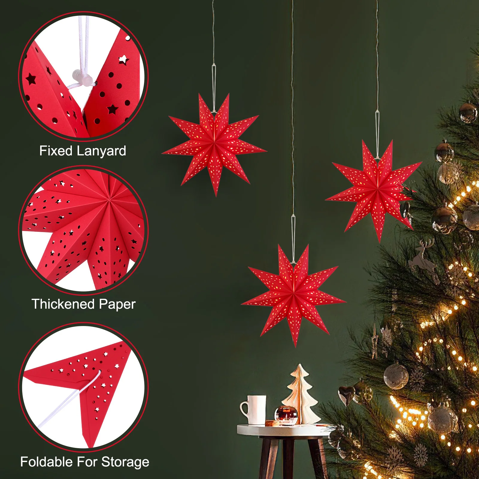 โคมไฟกระดาษรูปดาว 3 ชิ้น สำหรับตกแต่งคริสต์มาส โคมไฟแขวนตกแต่ง 3 มิติ สำหรับห้องนั่งเล่น ใช้ในงานเทศกาลกลางแจ้ง