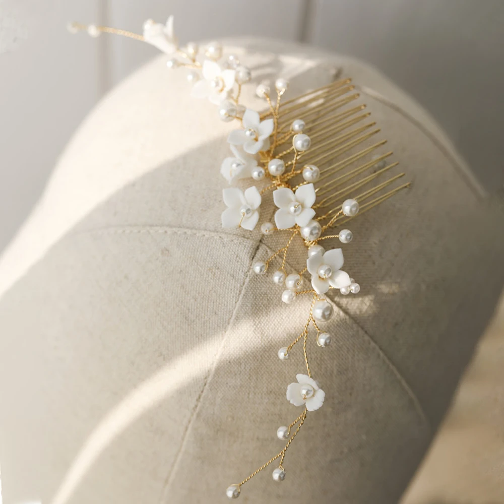 Exquisite Flower Hair Accessories for Bride Pearls Adult Wedding Jewelry 20cm