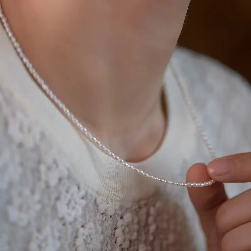 YWYC 2.5-3.5mm Rice Shape Freshwater Pearl Necklaces 40cm Length 925 Sterling Silver Collar Necklaces for Women Jewelry Gift