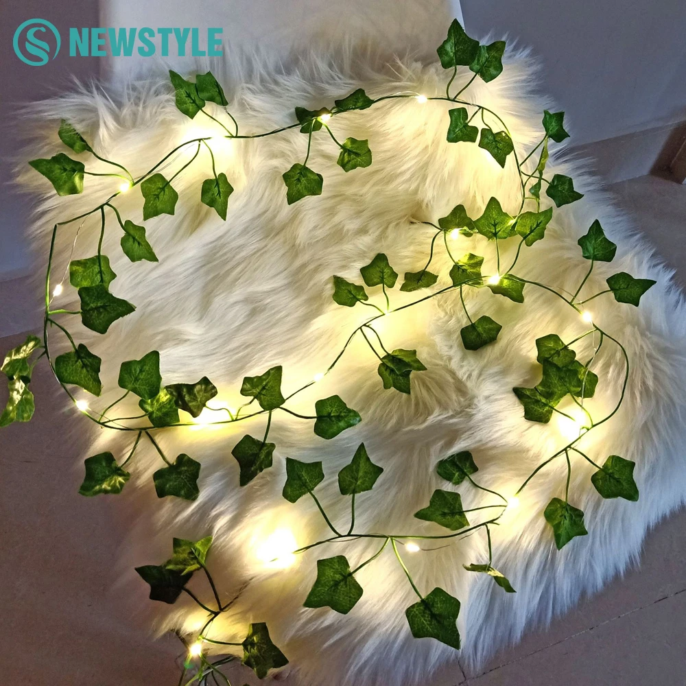 Guirxiété lumineuse LED de vigne de lierre Él, chaîne de lumière dégradée de cuir chevelu vert, décoration de désherbage, Noël, maison, mur, plante, 2m, 20 ampoules