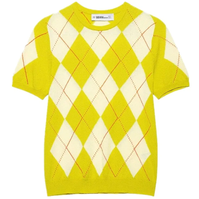 Spring 2025 Women's Knitted ort Sve round Ne Sweater Diamond Pattern Sweet Sle Regular Length Overhead Decoration