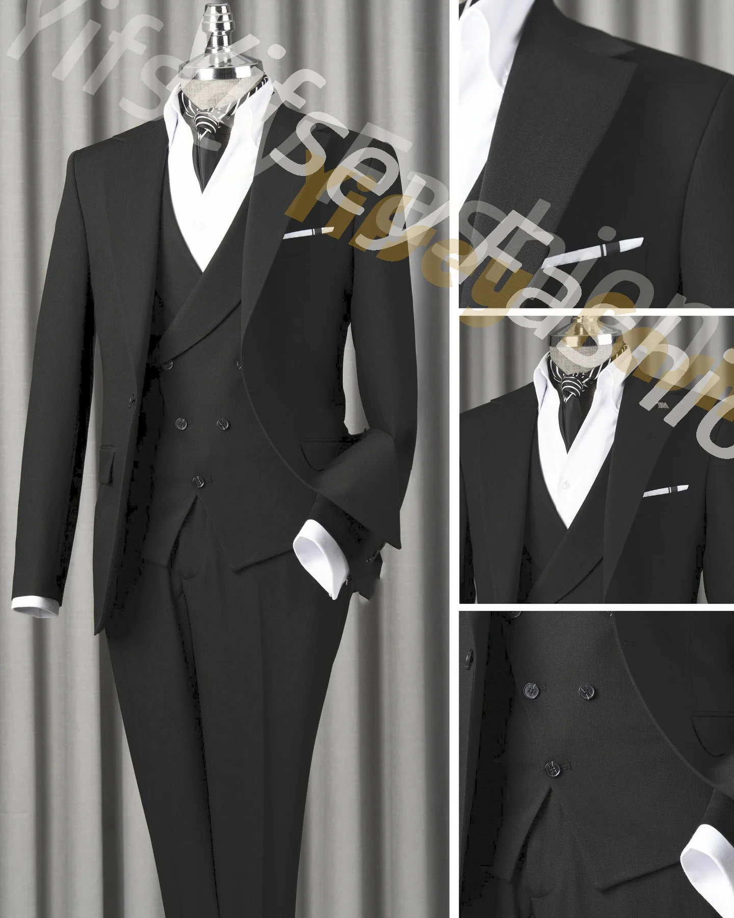Black Full Men Suit Set Wedding Groom Custom Made Luxury Brands Male Jacket Vest Pants Slim Fit Prom Blazer Trousers Outfit 3pcs