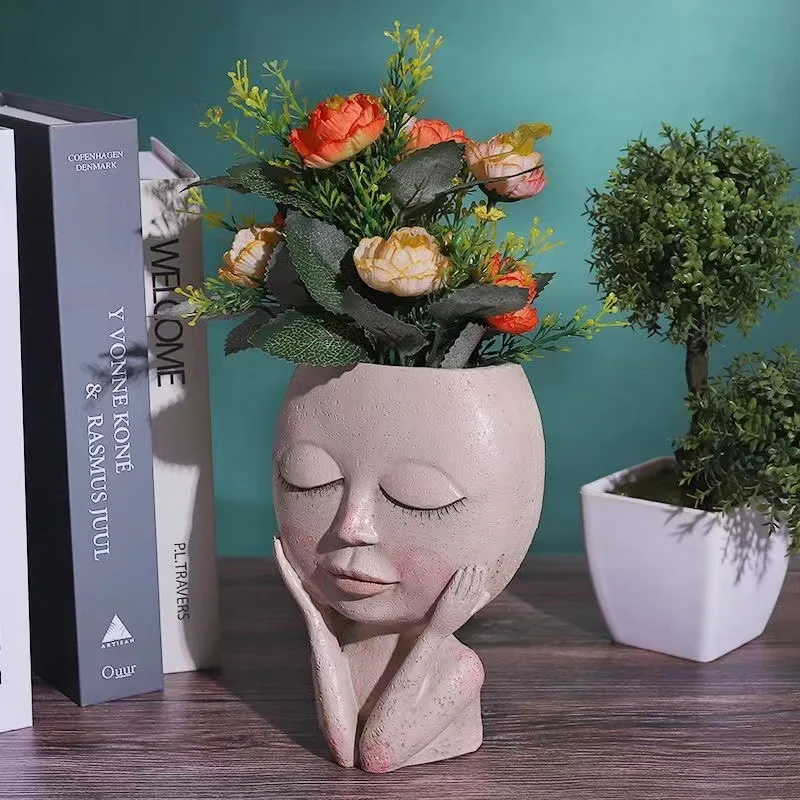 Figure Shape Planter Human Face Resin Flower Pot Creative Flower PotSucculent Plant Resin Ornament Desktop Green Plant Ornaments