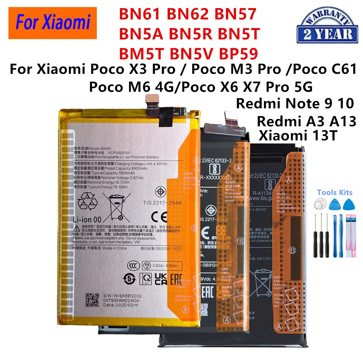 BN61 BN62 BN57 BN5A BN5R BN5T BM5T BN5V BP59 Battery For Xiaomi Poco X3 ​​​​​M3 X6 X7 Pro 5G /Poco M6 C61/ Redmi A3 A13