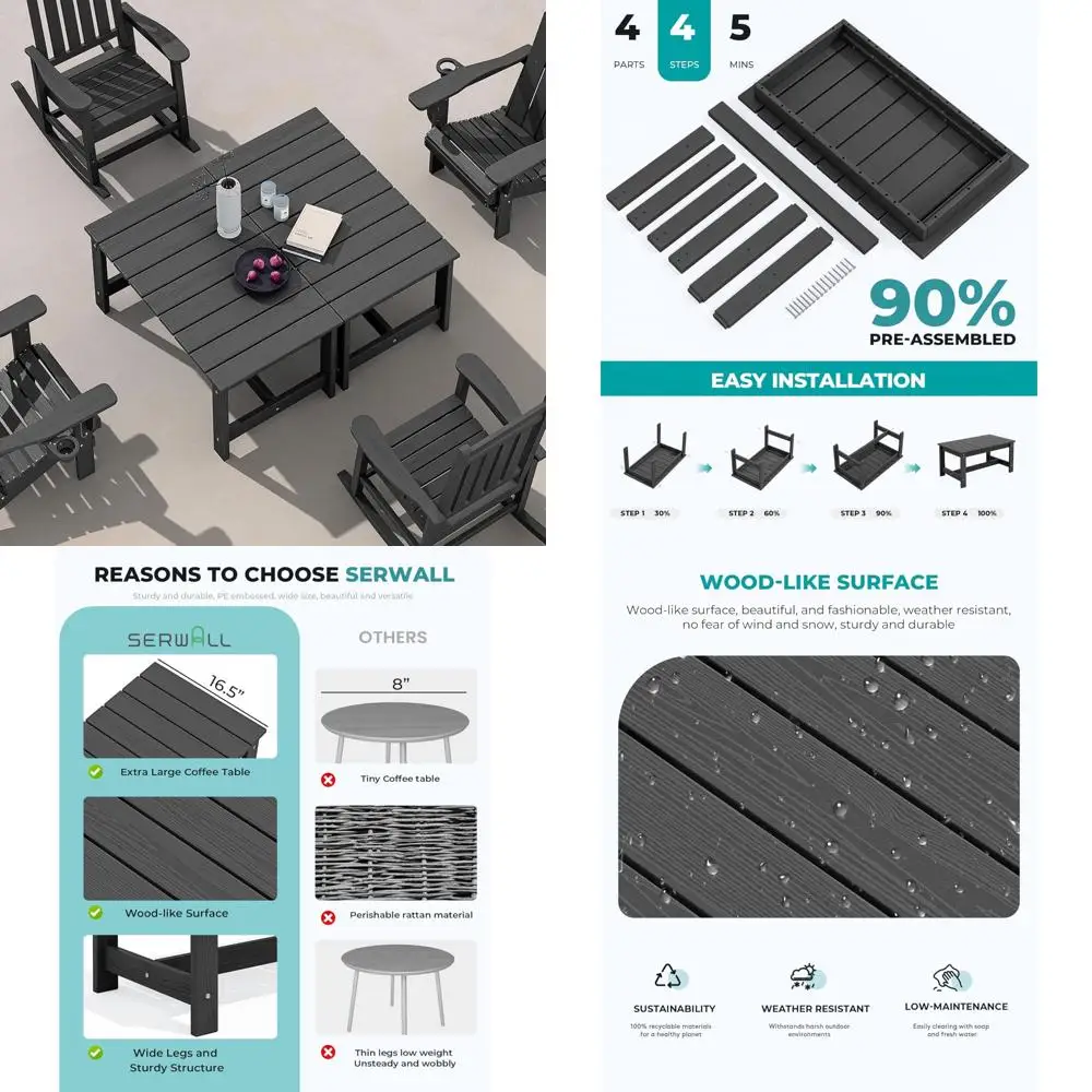 

Черный прямоугольный журнальный столик HDPE для патио на открытом воздухе, 2 шт.