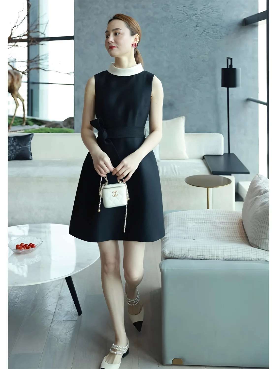 

Classic fashion Black Hepburn style sleeveless small A dress slim round neck lace-up mid-length dress Pink elegant dress