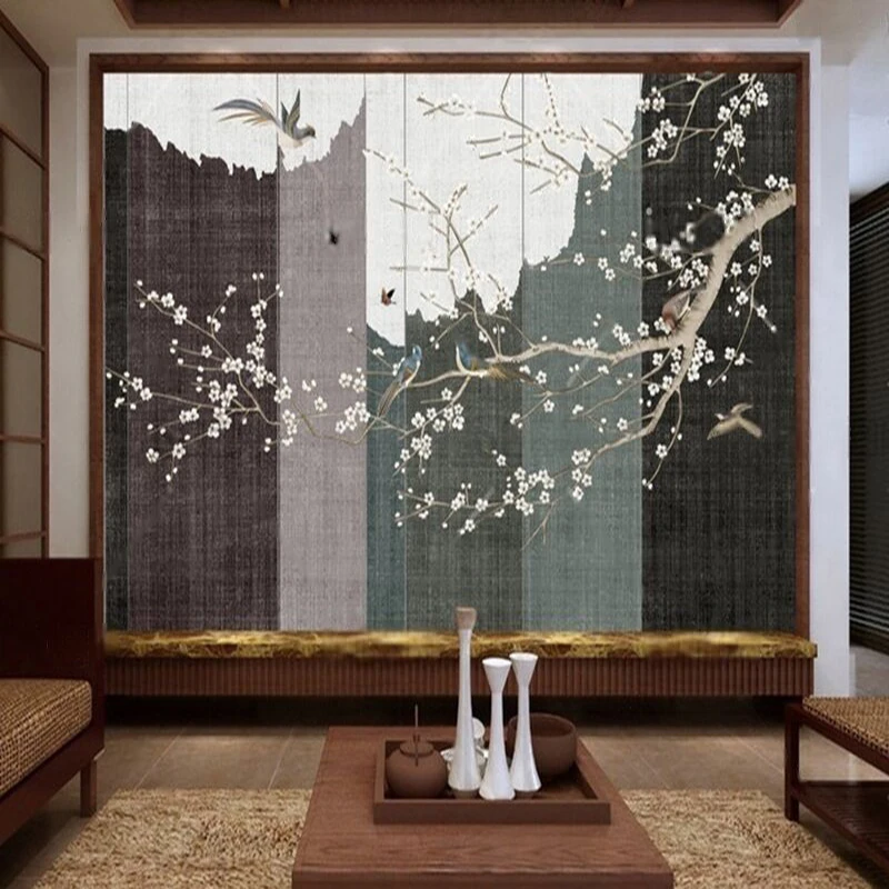 New Chinese classical meticulous brushwork peach blossom living room  TV luxury home decoration bedroom background wall
