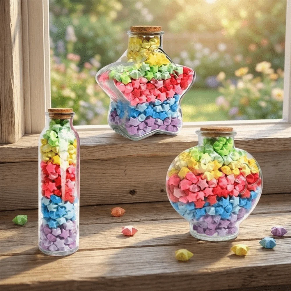 DIY Five Pointed Star Wishing Bottle Kawaii Rainbow Color Origami Stars Paper Strips Decorative House Decoracion