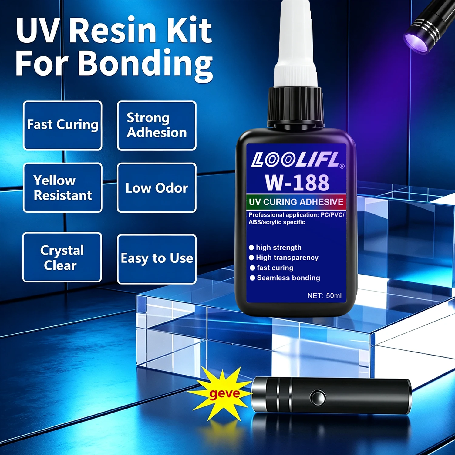 LOOLIFL W188 UV Glue Ultraviolet Curing Adhesive Crystal Clear Fast Dry UV Resin For Glass Repair DIY Jewelry Craft Strong Bond