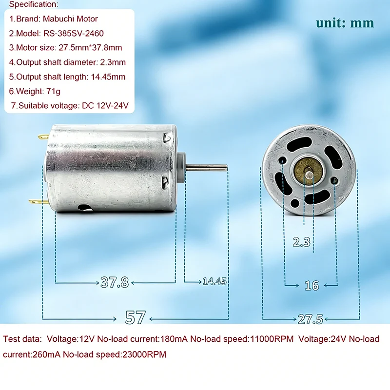 Mabuchi RS-385SV-2460 High Speed Mini DC Motor 23000RPM 12-24V Carbon Brush Micro 28mm for DIY Hair Dryer Air Blower