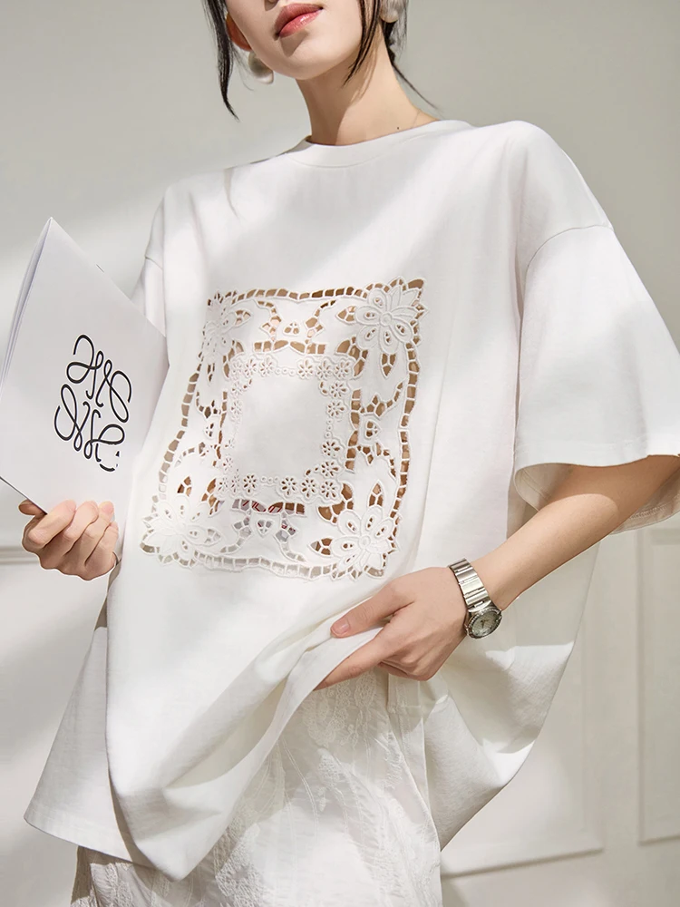 Women Vintage Embroidery T Shirt White Oversized Tee Hollow Floral Lace Detail Loose Fit Casual Summer Tops