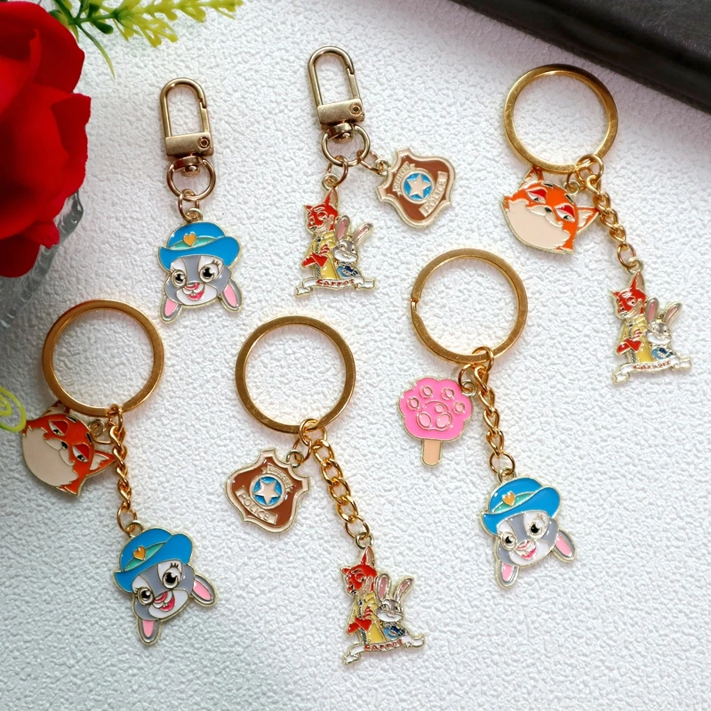 1 Set Metal Keychain With Cartoon Anime Rabbit Judy Hopps Fox Cat Pendant Kawaii Shiny Fashion Charms Men Women Keyring Gift