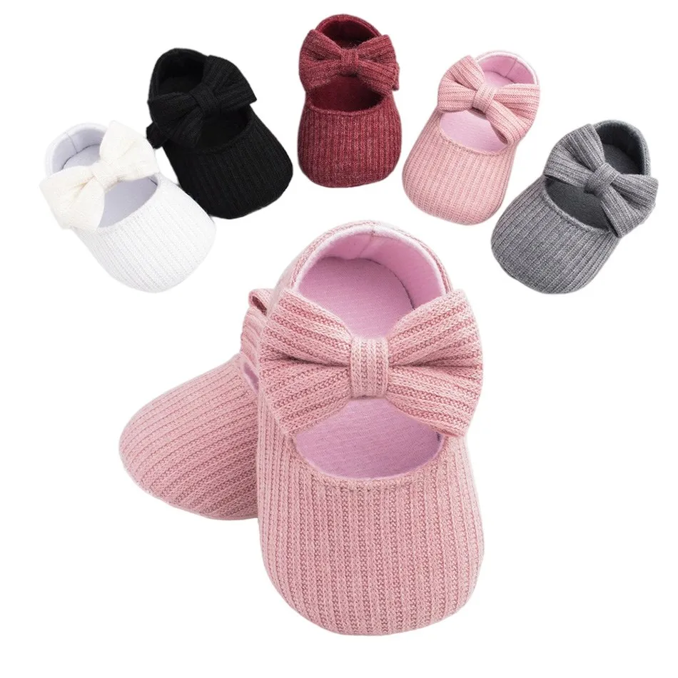 

Newborn Crib Shoes Baby Bowknot Cotton Soft Sole Mary Jane Flats Infant Knitted Hook and Loop Slip on Sneakers Toddler Prewalker