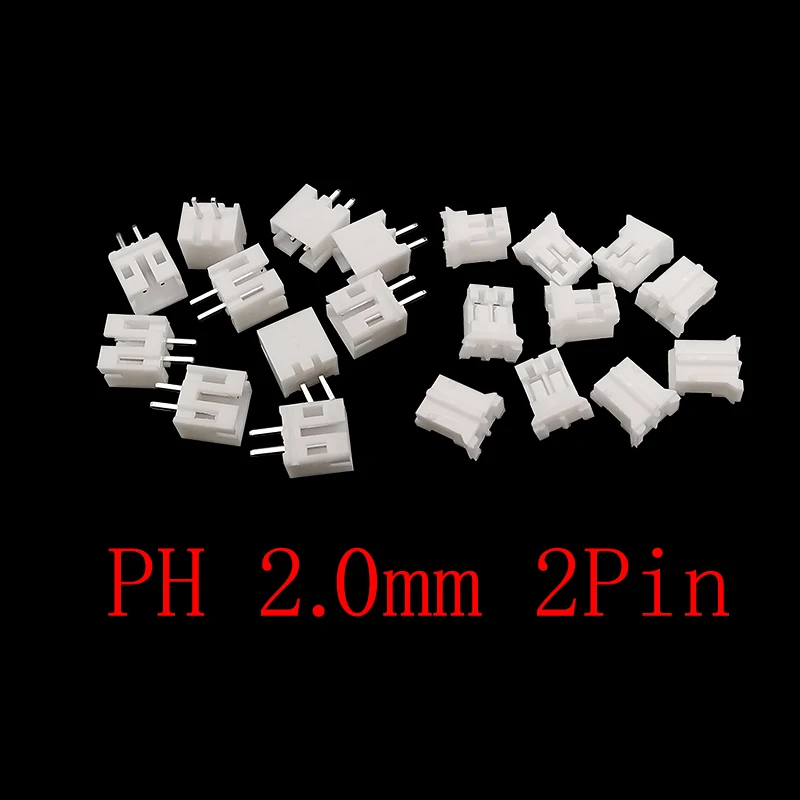 100Pcs JST PH 2.0mm Pitch 2 Pin Terminals Plastic Housing Male Plug Female Socket Straight Pin White Shell Header Wire Connector