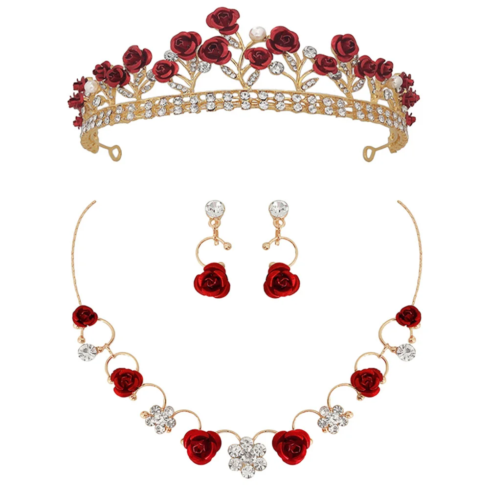 

Rhinestone Necklace Rose Crown Hair Accessories Kids and Earring Crowns Earrings