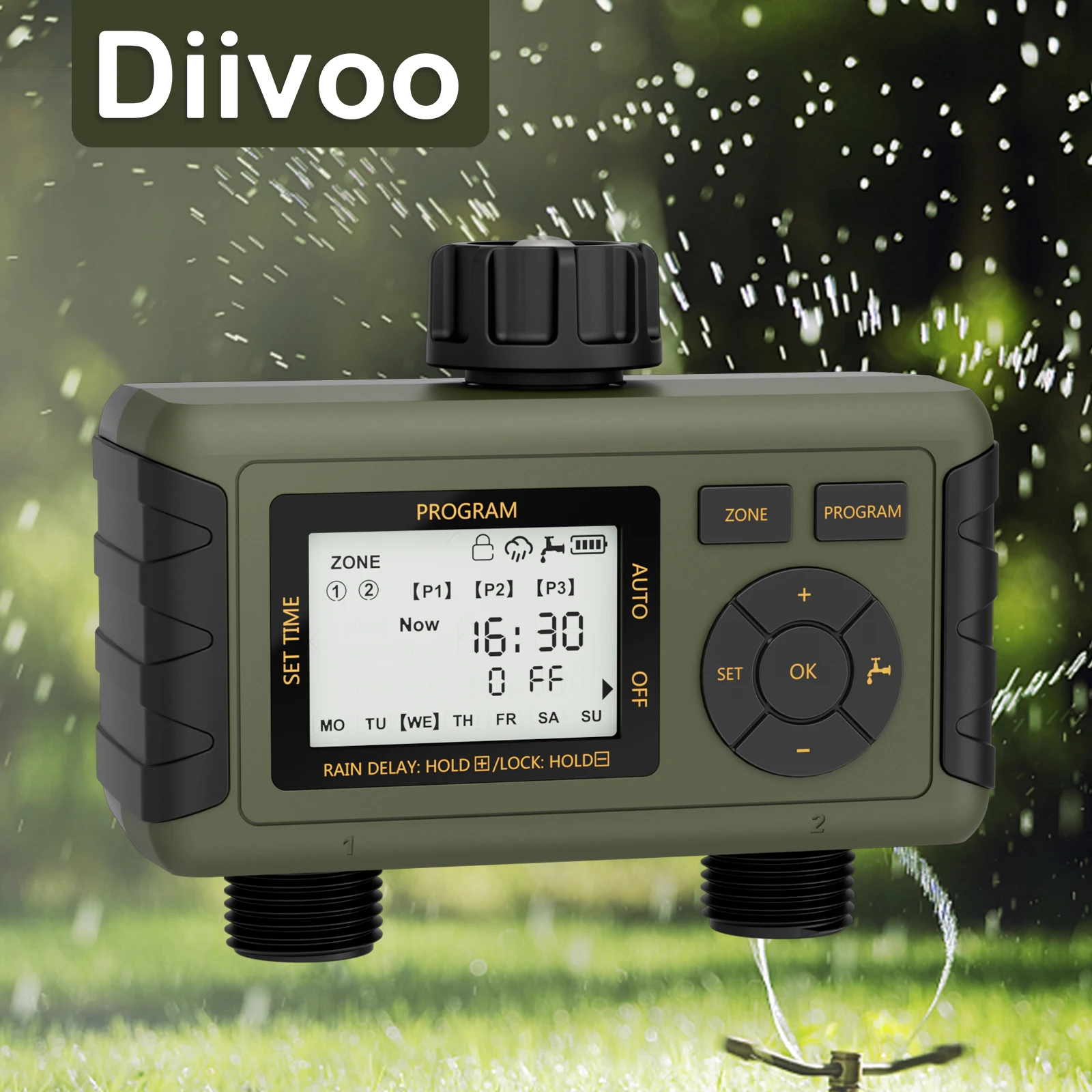 Diivoo Garden Water Timer 2 Zone IPX5 Waterproof Programmable Multifunctional Digital Irrigation