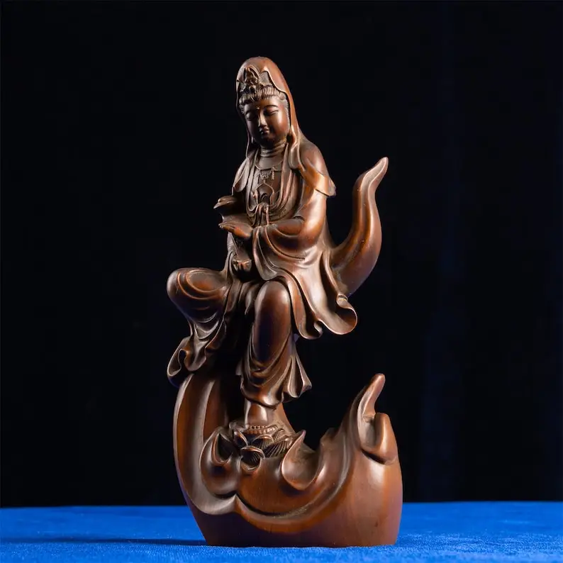 Kuan Yin-Amidst Waves Figurine, Timeless Wooden Craft, Featuring Serene Water and Moon Imagery, a Perfect Harmony of Art