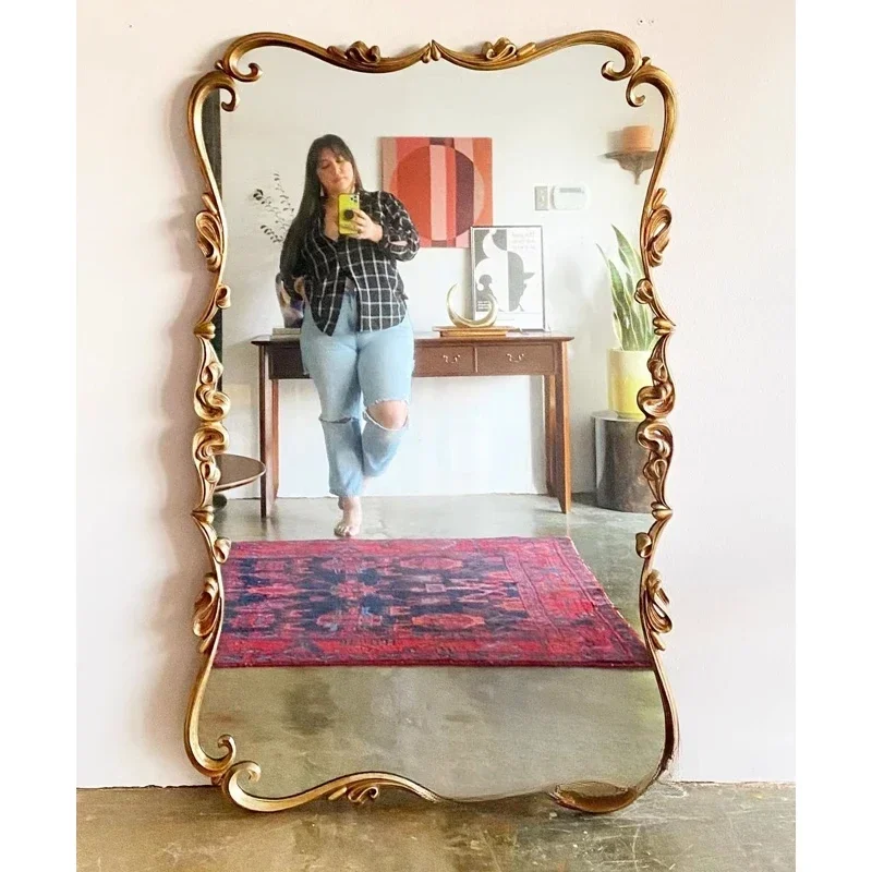 

American retro full body floor mirror household wall hanging solid wood carving flower changing wall decorative mirrorLX