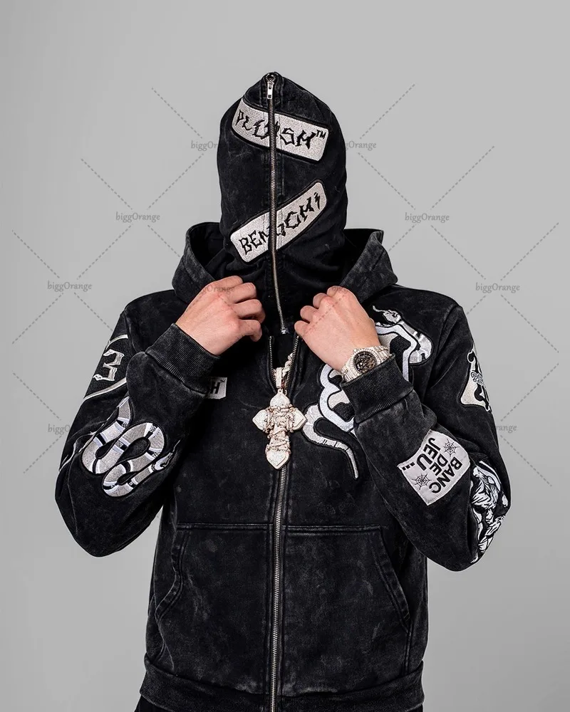 

Толстовка мужская состаренная на молнии, готический Свитшот оверсайз с вышивкой в стиле ретро, потертая готика, модная повседневная куртка