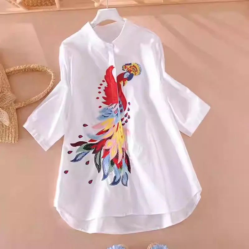 

2026 Womens Fashion Embroidery Flower Lantern Sleeve Loose Casual Korea Design V-Neck Cotton Shirt Womens Summer Tops