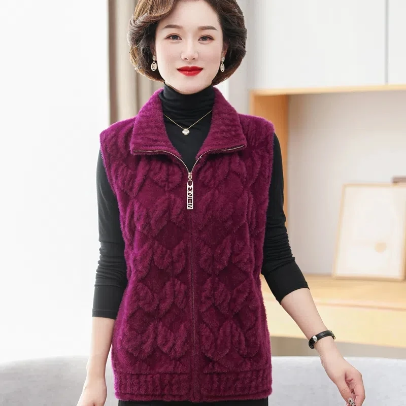 母秋冬ニットベスト厚く暖かいノースリーブジャケット中年女性模造ミンクベルベットジッパーセーターカーディガン