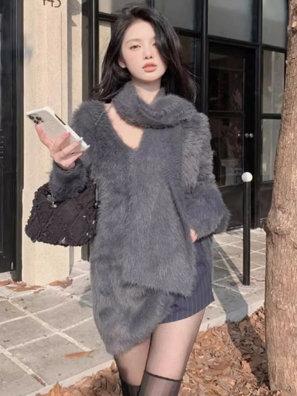

Gray Scarf Mink Velvet V-Neck Mid-Length Sweater Women's Autumn Winter Loose Lazy Style Thickened Knitted Shirt Upper Body