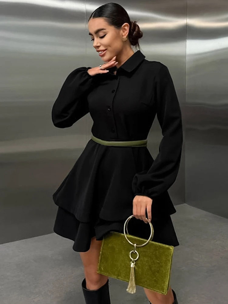 Trendix Mini abiti retrò eleganti solidi Colletto della camicia alla moda Bottoni patchwork Abiti corti Abito casual vintage con volant