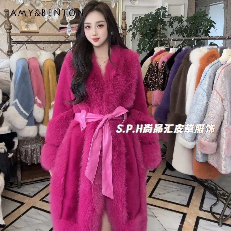 

New Winter Boutique Long Sleeves Warm Jacket Women's European Mink Toka Fox Hair Long Waist Belt Atmospheric Thin Coat Outerwear