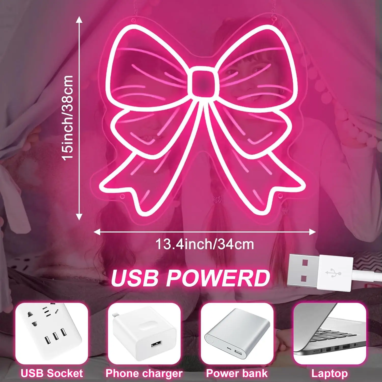 Bow Neon Signs USB Dimmable LED Neon Lights for Girls Room Beauty Salon Nursery Room Decoration Birthday Gift Elegant Wall Art view 5