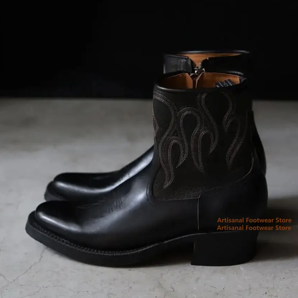 

Vintage Embroidery Men's Boots Side Zippers Thick-Soled Pleated Motorcycle Boots Trendy Luxury High Top Outdoor Men's Shoes