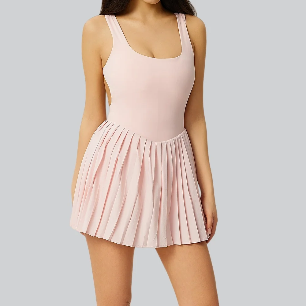 Yoga Jumpsuit Women Sets Short Bodysuit Tracksuit Sportswear Romper Push Up Fitness Tennis Skirt Pleated Backless Gym Clothing