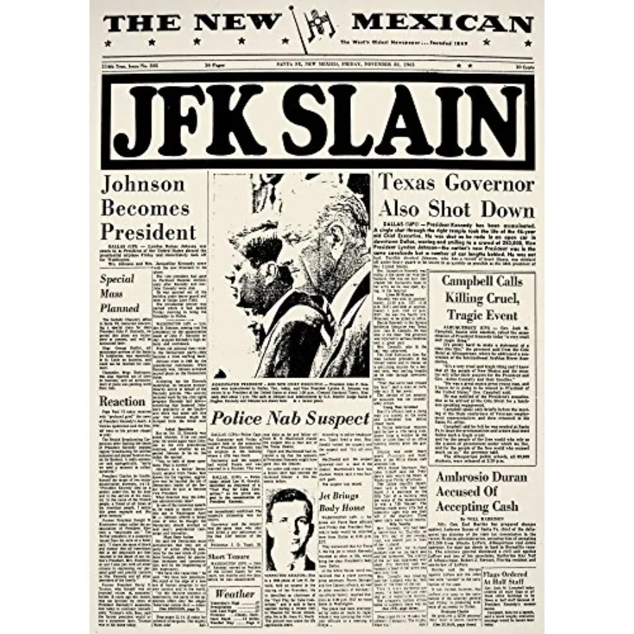 

Убийство Кеннеди 1963: Главная заголовка на баннере газеты The New Mexican Santa Fe, Санта-Фе, Нью-Мексико, 23 ноября 1963 года, объявляющая о преступлении.