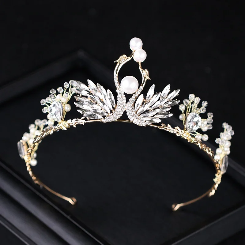 Charm Double Swan Baroque Crown Tiara Pearl Bridal Hair Accessories Princess Wedding Headdress