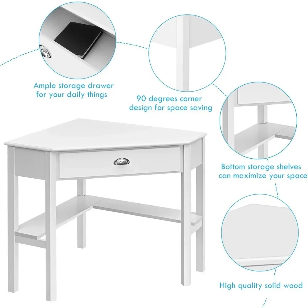 Corner Desk with Drawer, Storage Shelves for Computer, Makeup Vanity Desk for Small Space, 90 Degrees Triangle Desk
