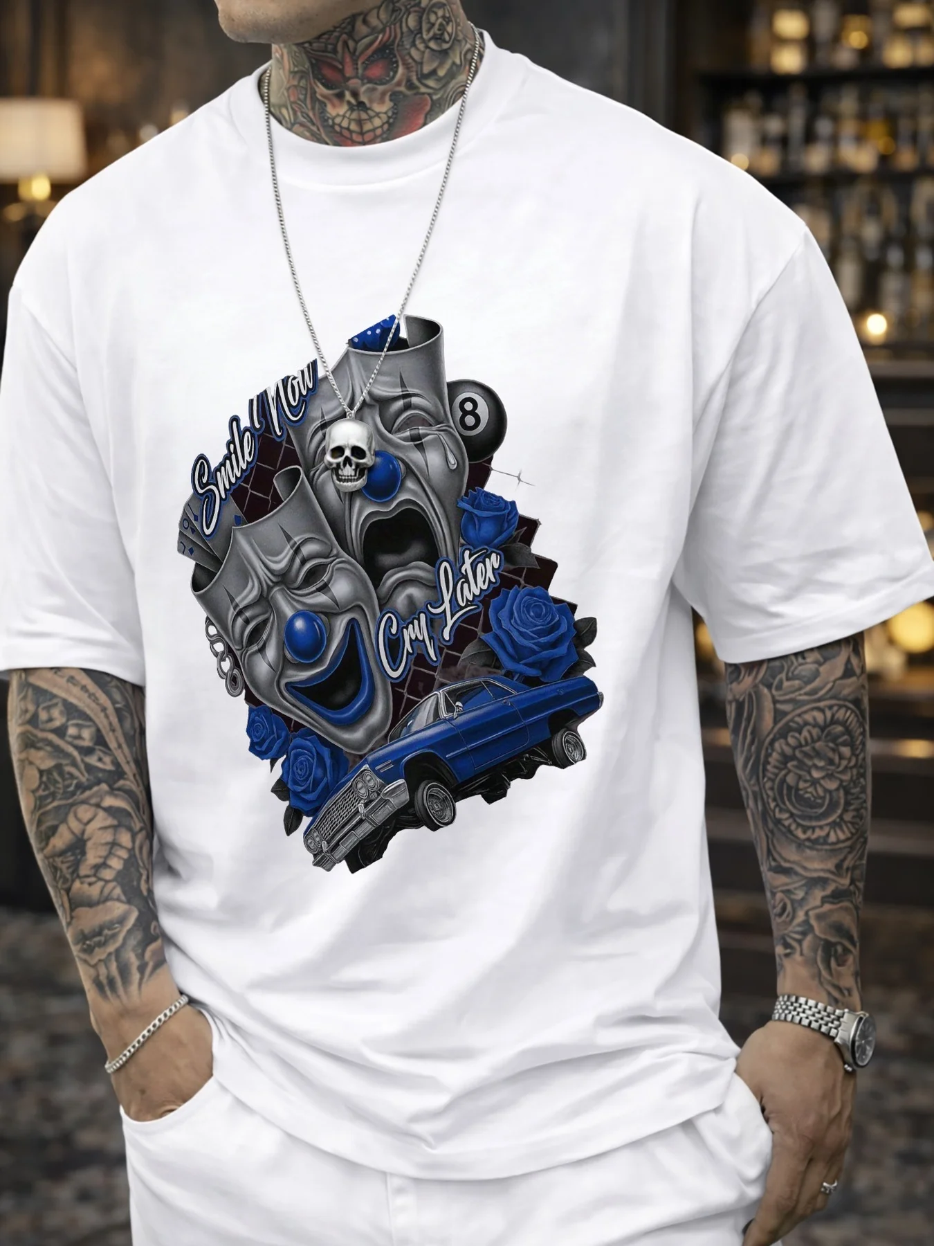 Unisex Graphic T-Shirt (Clown Face And Rose Pattern) - White Short Sleeve Crew Neck, Fun Look, Playful Atmosphere, Casual Essentials  Skull And Car Print T-Shirt  Comfortable And Stylish Fit