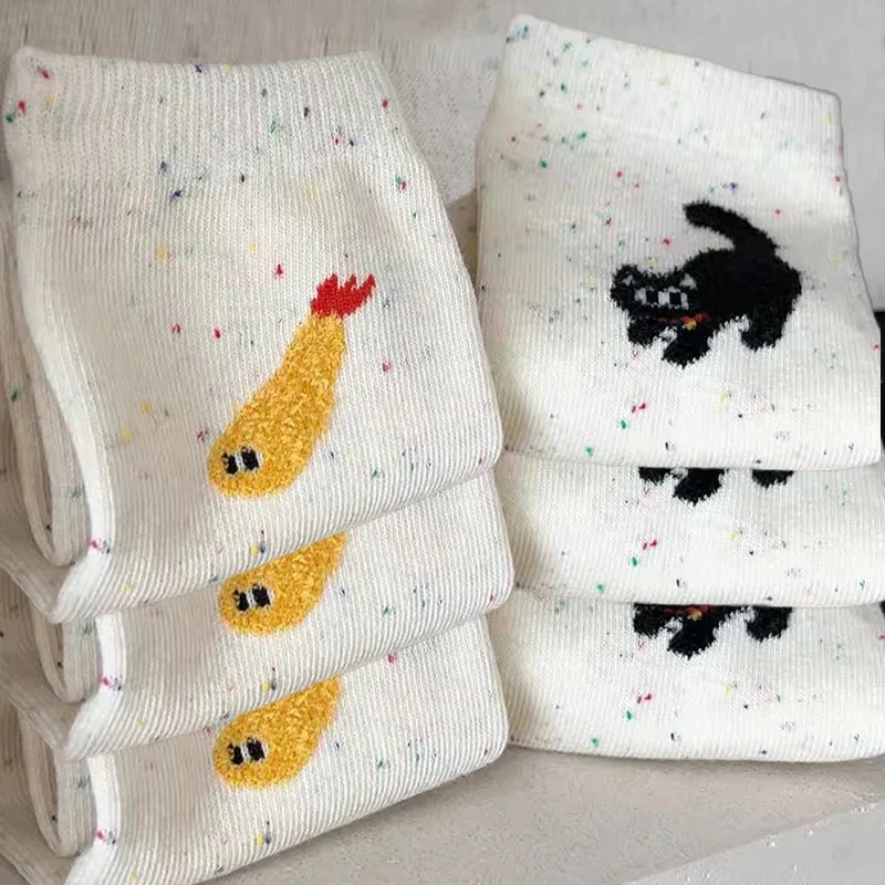 1/2pairs New Autumn Vintage Dot Women Cat Fish Socks Cute Cartoon Cat Fish Pattern Middle Tube Socks Soft Thermal Warm Crew Sock