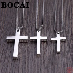 BOCAI 925 Sterling Silver Pendants Simple Fashion Cross Charm Dangle Jewelry Men's Women's Pure Argentum Jesus Christ Amulet