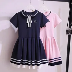 2024 Summer New retro Girls long Dress Cotton Sailor Collar Teenager striped JK Preepy Dresses Baby Clothes Toddler 8 10 12 year