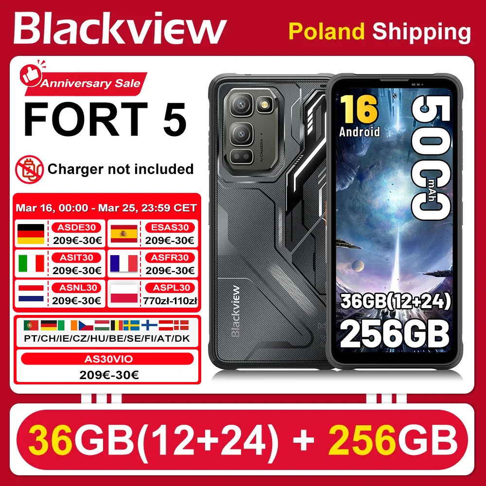 [Envío desde Polonia] [Sin cargador UE] Smartphone Resistente Blackview FORT 5, 36 GB (12+24) + 256 GB, Pantalla 6.78" HD+ IPS, Batería 5000 mAh