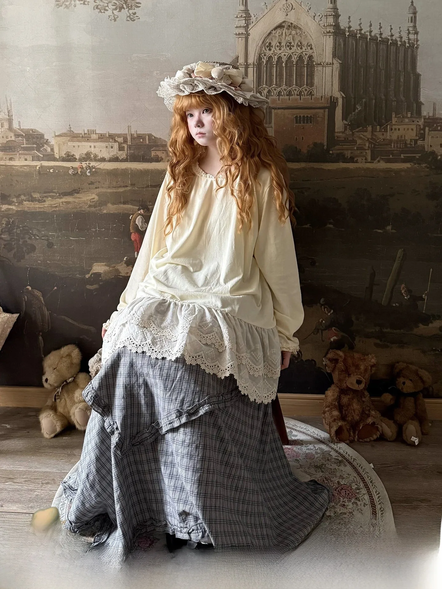 

Labeau Sweet Style round Neck Loose Long Sleeve Women's Shirt Lace Trim T-Shirt Spring Rain Cute Feminine Fashion