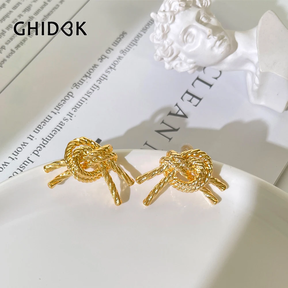 Ghidbk Brass Jewelry Fashion Chic Gold Silver Plated Twist Knot Stud Earrings for Women Geometrical Rope Metal Earring Gifts
