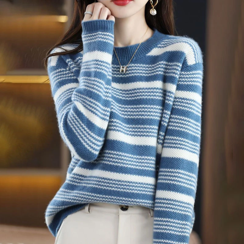 

Medium Strech Striped Loose-fitting Thick Women's Clothing O-Neck Spliced Autumn Winter Contrasting Colors Pullovers Wild F513