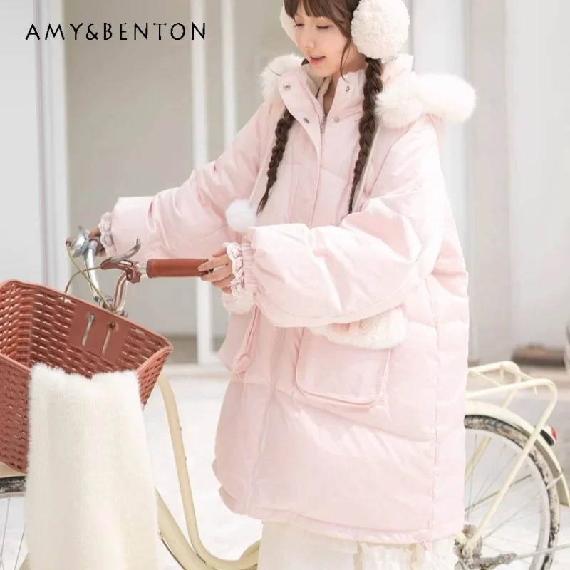 

2024 New Japanese Autumn and Winter Original Medium and Long Sweet Double-sided White Duck Down Jacket For Women