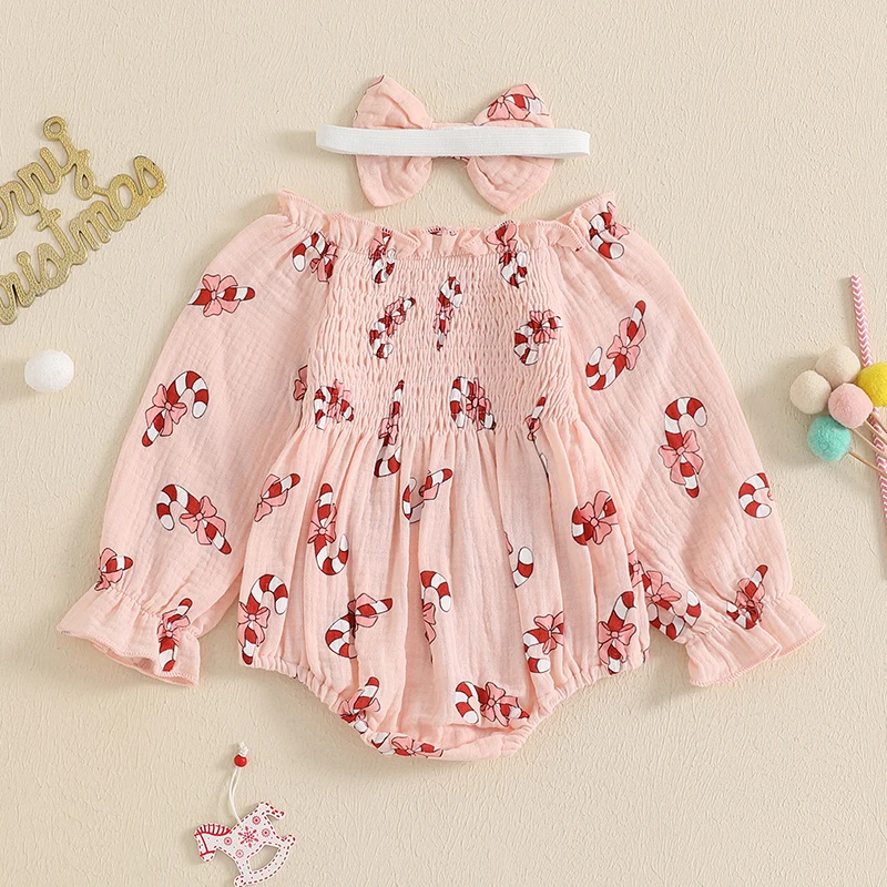 2024-08-13 Lioraitiin Baby Girls Christmas Romper Candy Cane Print Long Puff Sleeve Smocked Jumpsuits Bow Headband Outfits