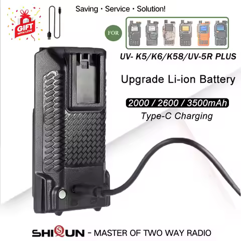 UV K5 Battery Quansheng UV-K58 Thicker Li-ion Battery Type-C Charger 2000/2600/3500mAh UV5R Plus UV-K6 Radio Battery Replacement